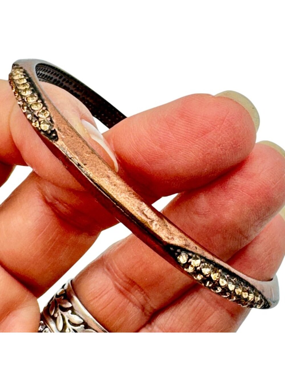 Vintage Copper and Rhinestone Bangle Bracelet BOHO Stackable 8" - Picture 3 of 10